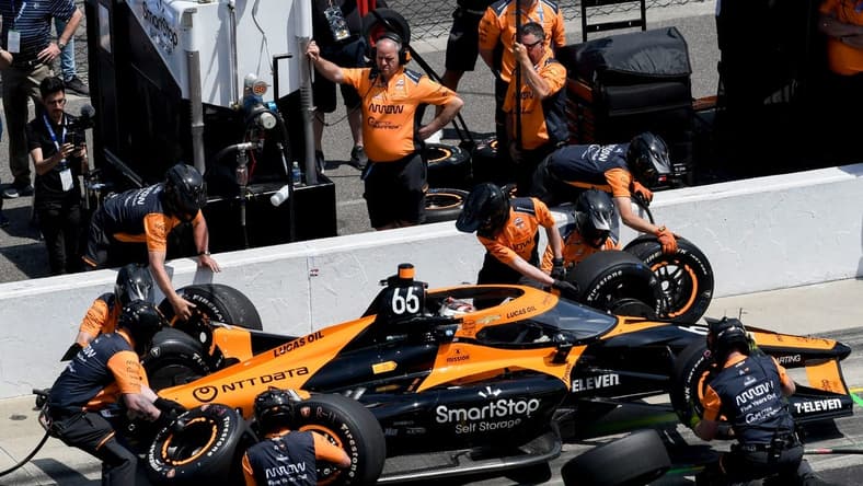 Arrow McLaren SP driver Tony Kanaan (66) makes a pit stop Monday, May 22, 2023, during practice ahead of the 107th running of the Indianapolis 500 at Indianapolis Motor Speedway.