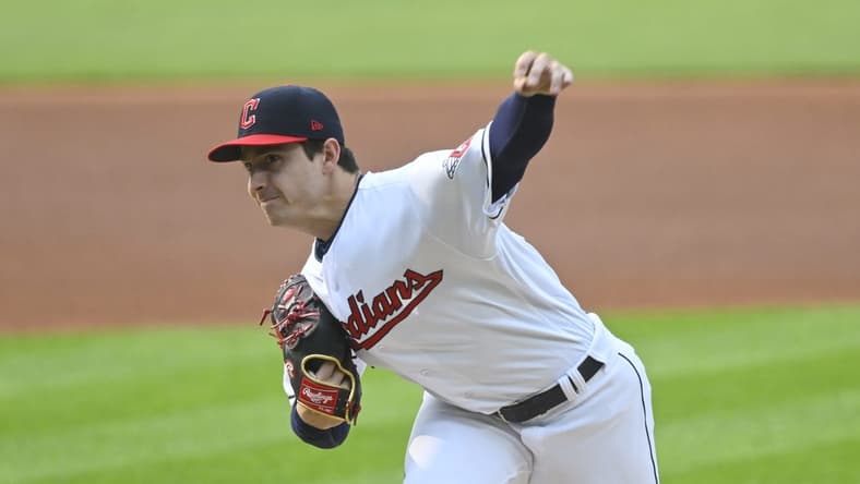 May 23, 2023; Cleveland, Ohio, USA; Cleveland Guardians starting pitcher Logan Allen (41) delivers a pitch in the first inning against the Chicago White Sox at Progressive Field. Mandatory Credit: David Richard-USA TODAY Sports