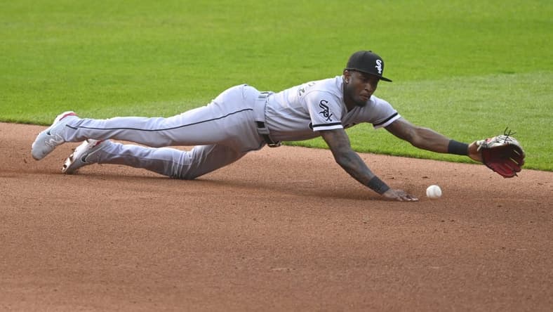 May 23, 2023; Cleveland, Ohio, USA; Chicago White Sox shortstop Tim Anderson (7) makes a diving stop of a ground ball in the fourth inning against the Cleveland Guardians at Progressive Field. Mandatory Credit: David Richard-USA TODAY Sports