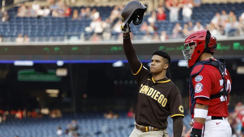 May 23, 2023; Washington, District of Columbia, USA; San Diego Padres left fielder Juan Soto (22) acknowledges the crowd prior to his at-bat against the Washington Nationals during the first inning at Nationals Park. Mandatory Credit: Geoff Burke-USA TODAY Sports