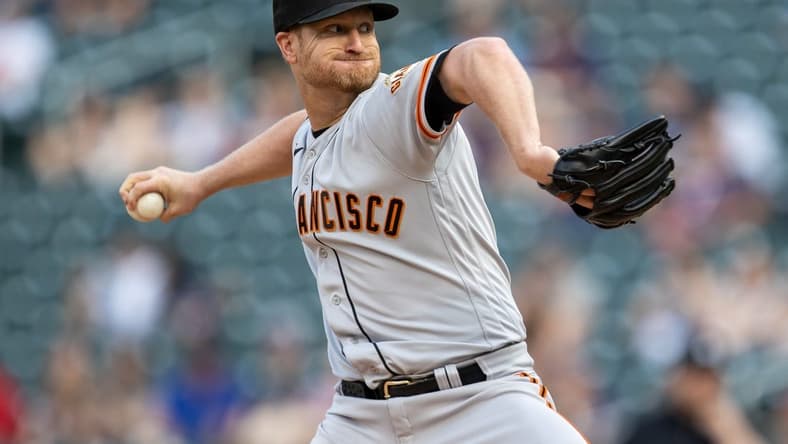 May 23, 2023; Minneapolis, Minnesota, USA; San Francisco Giants starting pitcher Alex Cobb (38) delivers a pitch in the first inning against the Minnesota Twins at Target Field. Mandatory Credit: Jesse Johnson-USA TODAY Sports
