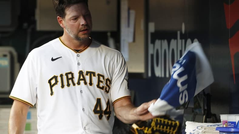 May 23, 2023; Pittsburgh, Pennsylvania, USA; Pittsburgh Pirates starting pitcher Rich Hill (44) reacts in the dugout after being removed from the game against the Texas Rangers during the sixth inning at PNC Park. Mandatory Credit: Charles LeClaire-USA TODAY Sports
