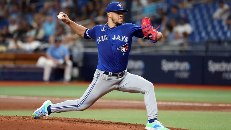 May 23, 2023; St. Petersburg, Florida, USA; Toronto Blue Jays starting pitcher Jose Berrios (17) throws a pitch against the Tampa Bay Rays during the second inning at Tropicana Field. Mandatory Credit: Kim Klement-USA TODAY Sports