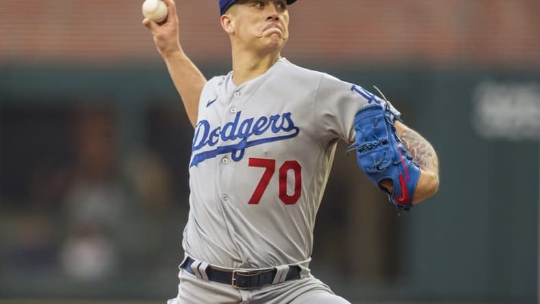 May 23, 2023; Cumberland, Georgia, USA; Los Angeles Dodgers starting pitcher Bobby Miller (70) pitches against the Atlanta Braves during the first inning at Truist Park. Mandatory Credit: Dale Zanine-USA TODAY Sports