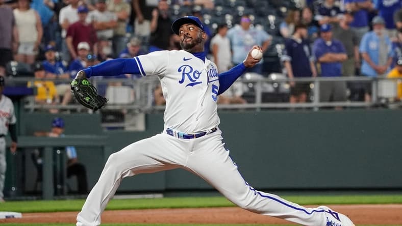 May 23, 2023; Kansas City, Missouri, USA; Kansas City Royals relief pitcher Aroldis Chapman (54) delivers a pitch against the Detroit Tigers in the ninth inning at Kauffman Stadium. Mandatory Credit: Denny Medley-USA TODAY Sports