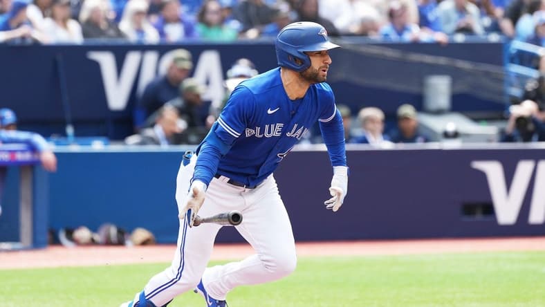 May 20, 2023; Toronto, Ontario, CAN; Toronto Blue Jays center fielder Kevin Kiermaier (39) reacts after hitting a ball against the Baltimore Orioles during the third inning at Rogers Centre. Mandatory Credit: Nick Turchiaro-USA TODAY Sports