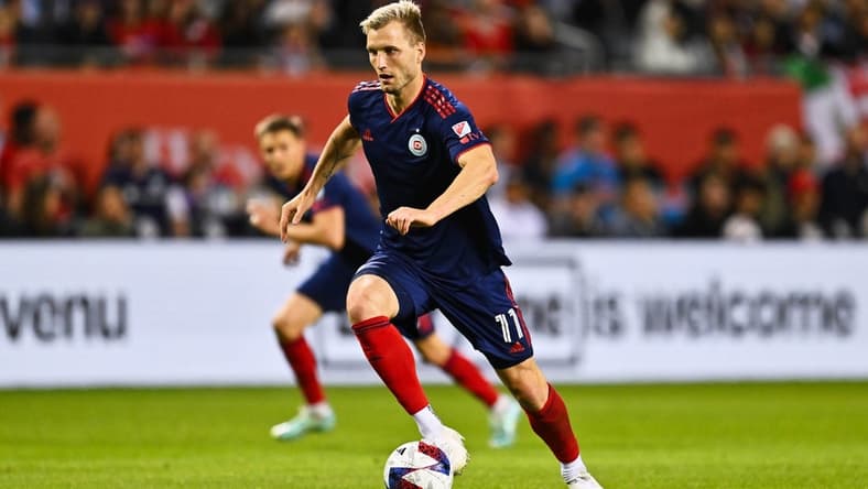 May 20, 2023; Chicago, Illinois, USA; Chicago Fire FC forward Kacper Przybylko (11) controls the ball against the Atlanta United FC at Soldier Field. Mandatory Credit: Jamie Sabau-USA TODAY Sports
