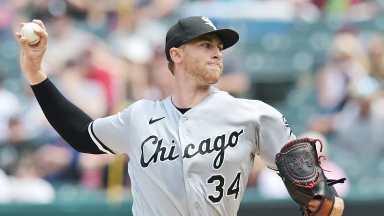 May 24, 2023; Cleveland, Ohio, USA; Chicago White Sox starting pitcher Michael Kopech (34) throws a pitch during the first inning against the Cleveland Guardians at Progressive Field. Mandatory Credit: Ken Blaze-USA TODAY Sports