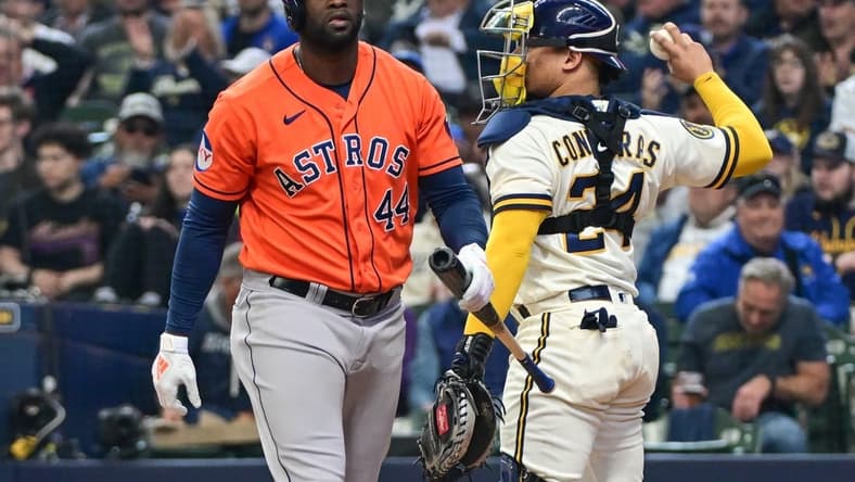 May 24, 2023; Milwaukee, Wisconsin, USA; Houston Astros designated hitter Yordan Alvarez (44) walks back to the dugout after striking out in the sixth inning during game against the Milwaukee Brewers at American Family Field. Mandatory Credit: Benny Sieu-USA TODAY Sports
