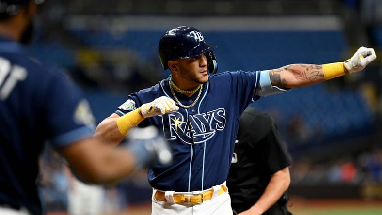 May 24, 2023; St. Petersburg, Florida, USA; Tampa Bay Rays center fielder Jose Siri (22) celebrates after hitting a two run home run in the second inning against the Toronto Blue Jays at Tropicana Field. Mandatory Credit: Jonathan Dyer-USA TODAY Sports