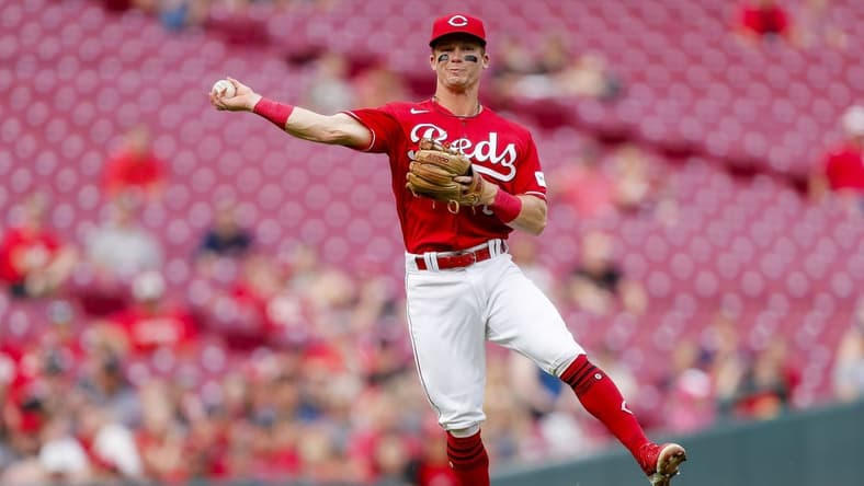 May 24, 2023; Cincinnati, Ohio, USA; Cincinnati Reds shortstop Matt McLain (9) throws to first to get St. Louis Cardinals right fielder Oscar Mercado (not pictured) out in the second inning at Great American Ball Park. Mandatory Credit: Katie Stratman-USA TODAY Sports