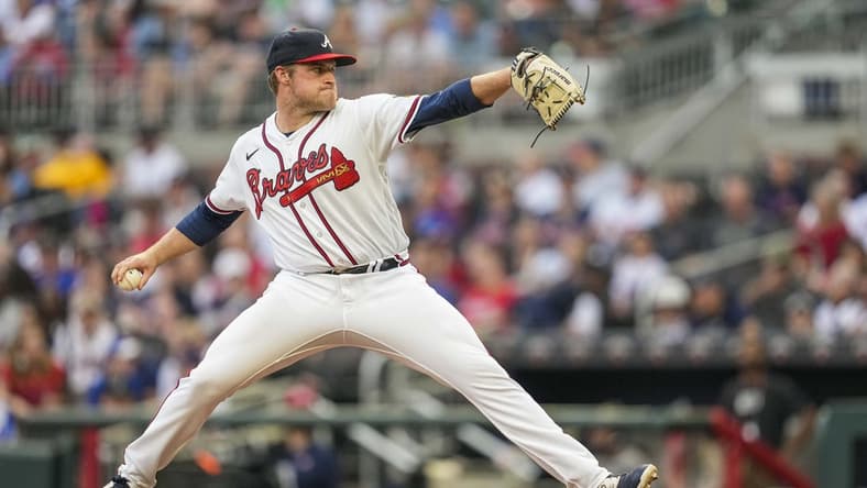 May 24, 2023; Cumberland, Georgia, USA; Atlanta Braves starting pitcher Bryce Elder (55) pitches against the Los Angeles Dodgers during the second inning at Truist Park. Mandatory Credit: Dale Zanine-USA TODAY Sports