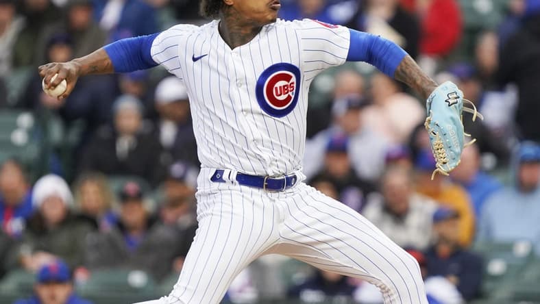 May 24, 2023; Chicago, Illinois, USA; Chicago Cubs starting pitcher Marcus Stroman (0) throws the ball against the New York Mets during the first inning at Wrigley Field. Mandatory Credit: David Banks-USA TODAY Sports