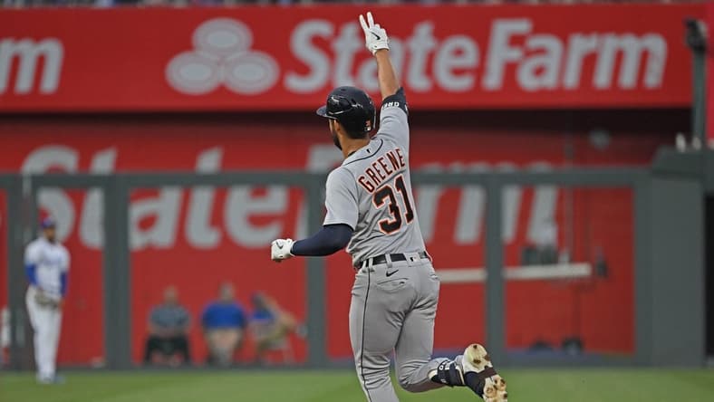 May 24, 2023; Kansas City, Missouri, USA; Detroit Tigers center fielder Riley Greene (31) rounds the bases after hitting a solo home run during the fourth inning against the Kansas City Royals at Kauffman Stadium. Mandatory Credit: Peter Aiken-USA TODAY Sports