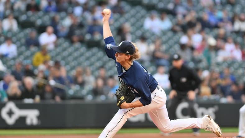 May 24, 2023; Seattle, Washington, USA; Seattle Mariners starting pitcher Bryce Miller (50) throws to the Oakland Athletics during the third inning at T-Mobile Park. Mandatory Credit: Steven Bisig-USA TODAY Sports