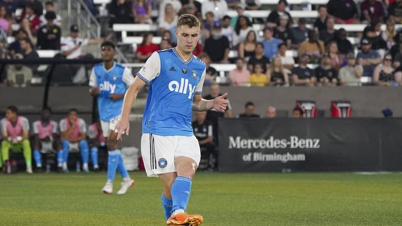 May 24, 2023; Birmingham, AL, USA; Charlotte FC defender Anton Walkes (5) dribbles the ball against Birmingham Legion FC during the first half at Protective Stadium. Mandatory Credit: Marvin Gentry-USA TODAY Sports
