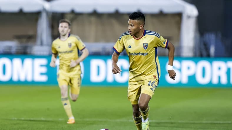 May 24, 2023; Commerce City, CO, USA; Real Salt Lake midfielder Maikel Chang (16) looks to pass against the Colorado Rapids in the first half during the US Open Cup at Dick's Sporting Goods Park. Mandatory Credit: Michael Ciaglo-USA TODAY Sports