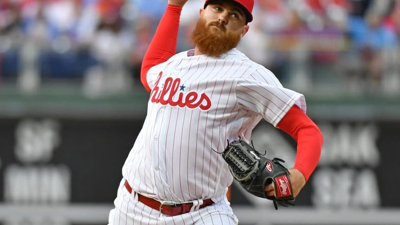 May 23, 2023; Philadelphia, Pennsylvania, USA; Philadelphia Phillies relief pitcher Dylan Covey (54) throws a pitch against the Arizona Diamondbacks at Citizens Bank Park. Mandatory Credit: Eric Hartline-USA TODAY Sports