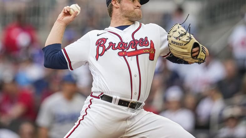 May 24, 2023; Cumberland, Georgia, USA; Atlanta Braves starting pitcher Bryce Elder (55) pitches against the Los Angeles Dodgers during the first inning at Truist Park. Mandatory Credit: Dale Zanine-USA TODAY Sports