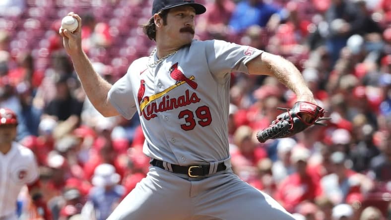 May 25, 2023; Cincinnati, Ohio, USA; St. Louis Cardinals starting pitcher Miles Mikolas (39) throws against the Cincinnati Reds during the first inning at Great American Ball Park. Mandatory Credit: David Kohl-USA TODAY Sports
