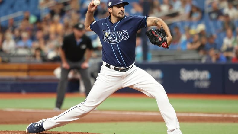 May 25, 2023; St. Petersburg, Florida, USA; Tampa Bay Rays starting pitcher Zach Eflin (24) throws a pitch during the second inning against the Toronto Blue Jays at Tropicana Field. Mandatory Credit: Kim Klement-USA TODAY Sports
