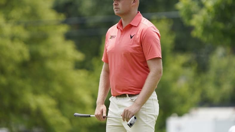 May 25, 2023; Fort Worth, Texas, USA; Harry Hall prepares to putt on the 17th green during the first round of the Charles Schwab Challenge golf tournament. Mandatory Credit: Raymond Carlin III-USA TODAY Sports