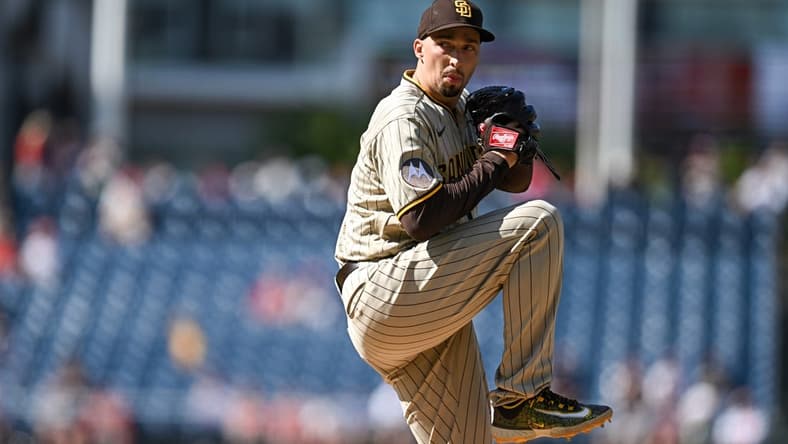 May 25, 2023; Washington, District of Columbia, USA; San Diego Padres starting pitcher Blake Snell (4) throws against the Washington Nationals during the first inning at Nationals Park. Mandatory Credit: Reggie Hildred-USA TODAY Sports