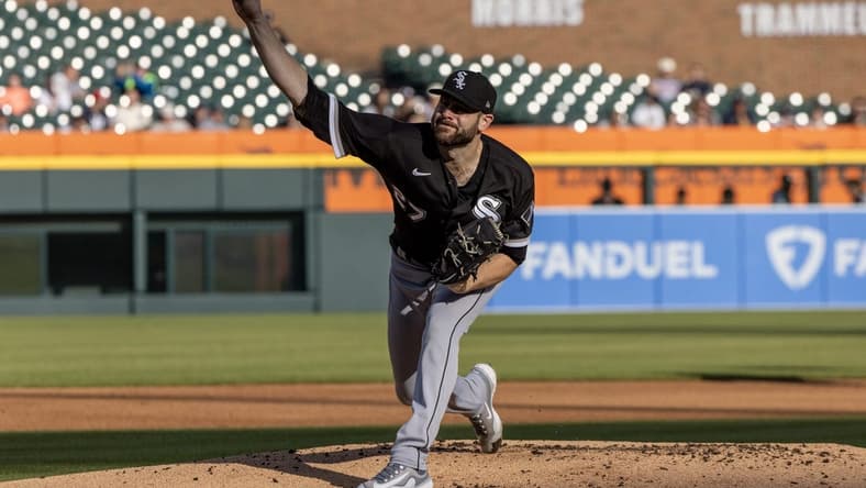 May 25, 2023; Detroit, Michigan, USA; Chicago White Sox starting pitcher Lucas Giolito (27) throws in the first inning against the Detroit Tigers at Comerica Park. Mandatory Credit: David Reginek-USA TODAY Sports