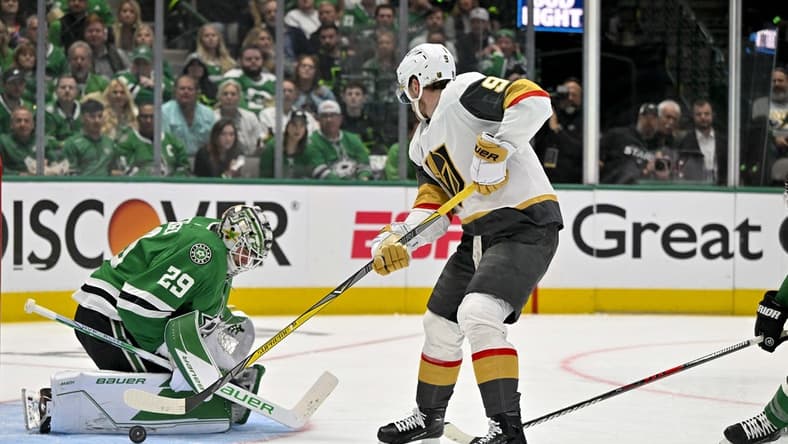 May 25, 2023; Dallas, Texas, USA; Dallas Stars goaltender Jake Oettinger (29) stops a breakaway shot by Vegas Golden Knights center Jack Eichel (9) during the second period in game four of the Western Conference Finals of the 2023 Stanley Cup Playoffs at American Airlines Center. Mandatory Credit: Jerome Miron-USA TODAY Sports