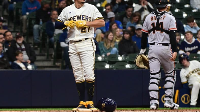 May 25, 2023; Milwaukee, Wisconsin, USA; Milwaukee Brewers shortstop Willy Adames (27) reacts after striking out in the sixth inning during game against the San Francisco Giants at American Family Field. Mandatory Credit: Benny Sieu-USA TODAY Sports