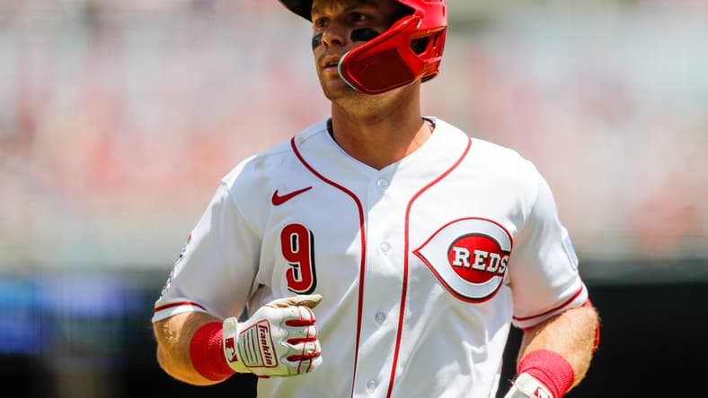 May 21, 2023; Cincinnati, Ohio, USA; Cincinnati Reds shortstop Matt McLain (9) during the ninth inning against the New York Yankees at Great American Ball Park. Mandatory Credit: Katie Stratman-USA TODAY Sports