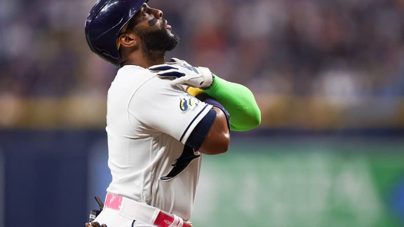 May 26, 2023; St. Petersburg, Florida, USA; Tampa Bay Rays first baseman Yandy Diaz (2) celebrates after hitting a home run against the Los Angeles Dodgers in the fourth inning at Tropicana Field. Mandatory Credit: Nathan Ray Seebeck-USA TODAY Sports