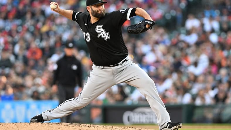 May 26, 2023; Detroit, Michigan, USA; Chicago White Sox starting pitcher Lance Lynn (33) throws a pitch against the Detroit Tigers in the second inning at Comerica Park. Mandatory Credit: Lon Horwedel-USA TODAY Sports