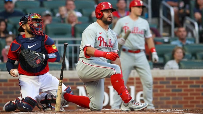 May 26, 2023; Atlanta, Georgia, USA; Philadelphia Phillies designated hitter Kyle Schwarber (12) reacts after striking out against the Atlanta Braves in the third inning at Truist Park. Mandatory Credit: Brett Davis-USA TODAY Sports