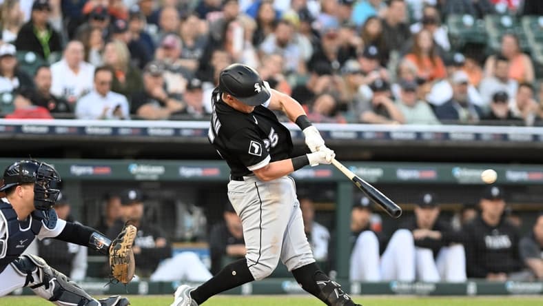 May 26, 2023; Detroit, Michigan, USA; Chicago White Sox first baseman Andrew Vaughn (25) hits a two-run home run against the Detroit Tigers in the fifth inning at Comerica Park. Mandatory Credit: Lon Horwedel-USA TODAY Sports