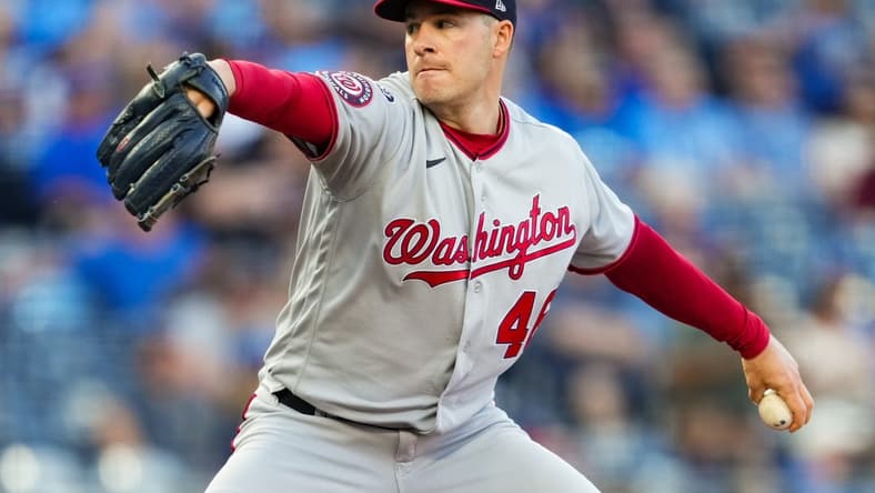 May 26, 2023; Kansas City, Missouri, USA; Washington Nationals starting pitcher Patrick Corbin (46) pitches during the first inning against the Kansas City Royals at Kauffman Stadium. Mandatory Credit: Jay Biggerstaff-USA TODAY Sports