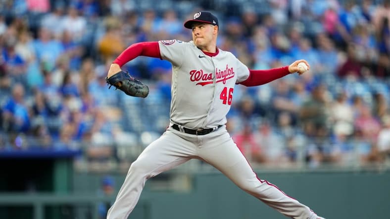 May 26, 2023; Kansas City, Missouri, USA; Washington Nationals starting pitcher Patrick Corbin (46) pitches during the first inning against the Kansas City Royals at Kauffman Stadium. Mandatory Credit: Jay Biggerstaff-USA TODAY Sports
