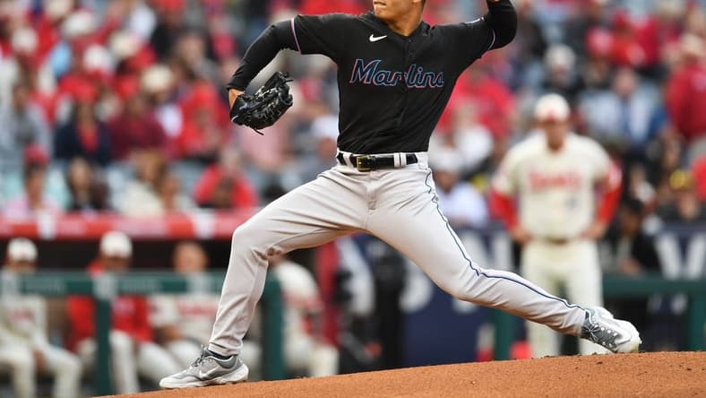 May 26, 2023; Anaheim, California, USA; Miami Marlins starting pitcher Jesus Luzardo (44) throws a pitch against the Los Angeles Angels during the first inning at Angel Stadium. Mandatory Credit: Jonathan Hui-USA TODAY Sports