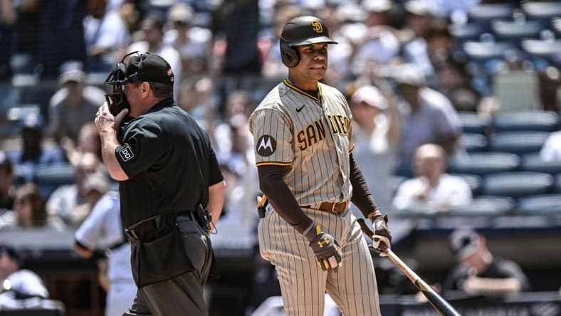 May 27, 2023; Bronx, New York, USA; San Diego Padres left fielder Juan Soto (22) reacts after striking out against the New York Yankees during the first inning at Yankee Stadium. Mandatory Credit: John Jones-USA TODAY Sports