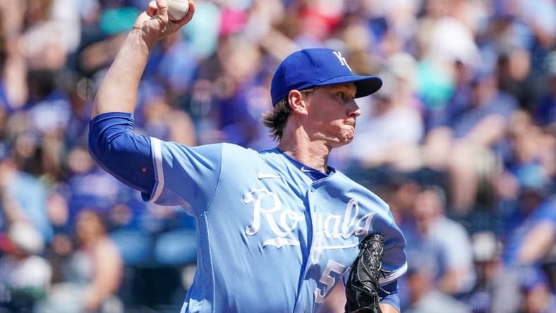 May 27, 2023; Kansas City, Missouri, USA; Kansas City Royals starting pitcher Brady Singer (51) delivers a pitch against the Washington Nationals in the first inning at Kauffman Stadium. Mandatory Credit: Denny Medley-USA TODAY Sports
