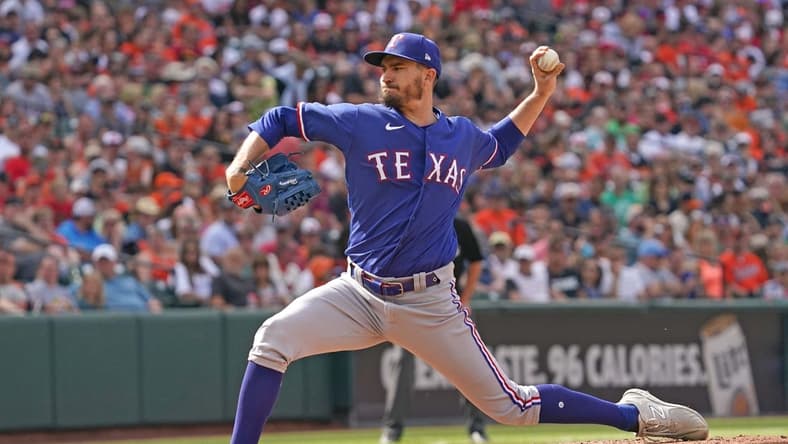 May 27, 2023; Baltimore, Maryland, USA; Texas Rangers starting pitcher Andrew Heaney (44) pitches in the third inning against the Baltimore Orioles at Oriole Park at Camden Yards. Mandatory Credit: Mitch Stringer-USA TODAY Sports