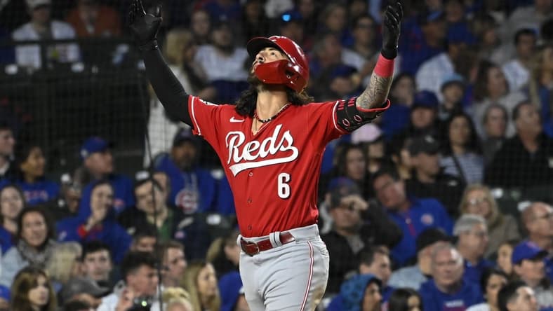 May 27, 2023; Chicago, Illinois, USA; Cincinnati Reds second baseman Jonathan India (6) reacts after hitting a two run home run against the Chicago Cubs during the seventh inning at Wrigley Field. Mandatory Credit: Matt Marton-USA TODAY Sports