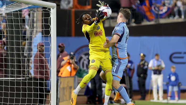 May 27, 2023; Flushing, New York, USA; Philadelphia Union goalkeeper Andre Blake (18) makes a save against New York City FC forward Gabriel Segal (19) during the second half at Citi Field. Mandatory Credit: Brad Penner-USA TODAY Sports
