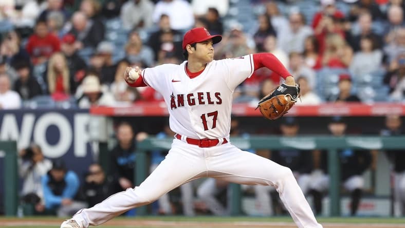May 27, 2023; Anaheim, California, USA; Los Angeles Angels starting pitcher Shohei Ohtani (17) throws against a Miami Marlins batter during the first inning at Angel Stadium. Mandatory Credit: Jessica Alcheh-USA TODAY Sports