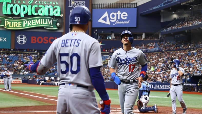 May 28, 2023; St. Petersburg, Florida, USA; Los Angeles Dodgers second baseman Miguel Vargas (17) scores a run during the second inning against the Tampa Bay Rays at Tropicana Field. Mandatory Credit: Kim Klement-USA TODAY Sports