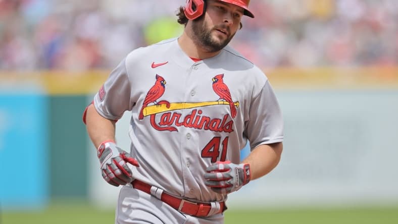 May 28, 2023; Cleveland, Ohio, USA; St. Louis Cardinals left fielder Alec Burleson (41) rounds the bases after hitting a home run during the fifth inning against the Cleveland Guardians at Progressive Field. Mandatory Credit: Ken Blaze-USA TODAY Sports