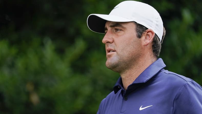 May 28, 2023; Fort Worth, Texas, USA; Scottie Scheffler walks from the second tee during the final round of the Charles Schwab Challenge golf tournament. Mandatory Credit: Raymond Carlin III-USA TODAY Sports