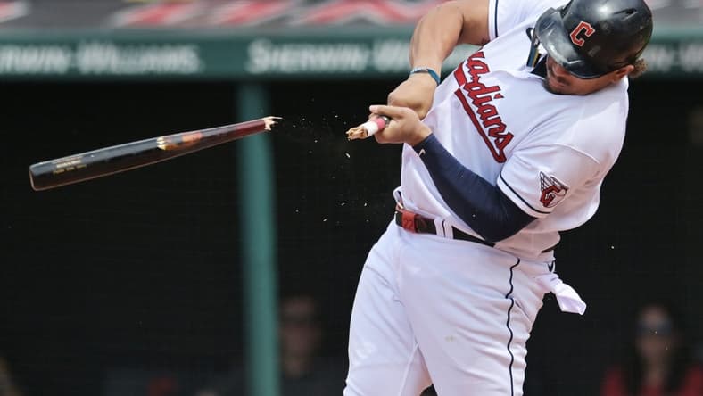 May 28, 2023; Cleveland, Ohio, USA; Cleveland Guardians pinch hitter Josh Naylor (22) breaks his bat on a pitch during the sixth inning against the St. Louis Cardinals at Progressive Field. Mandatory Credit: Ken Blaze-USA TODAY Sports