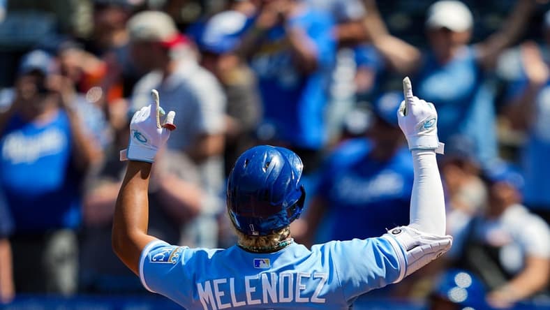 May 28, 2023; Kansas City, Missouri, USA; Kansas City Royals right fielder MJ Melendez (1) celebrates after hitting a home run during the seventh inning against the Washington Nationals at Kauffman Stadium. Mandatory Credit: Jay Biggerstaff-USA TODAY Sports