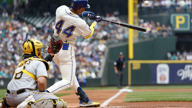 May 28, 2023; Seattle, Washington, USA; Seattle Mariners center fielder Julio Rodriguez (44) hits a solo-home run against the Pittsburgh Pirates during the first inning at T-Mobile Park. Mandatory Credit: Joe Nicholson-USA TODAY Sports